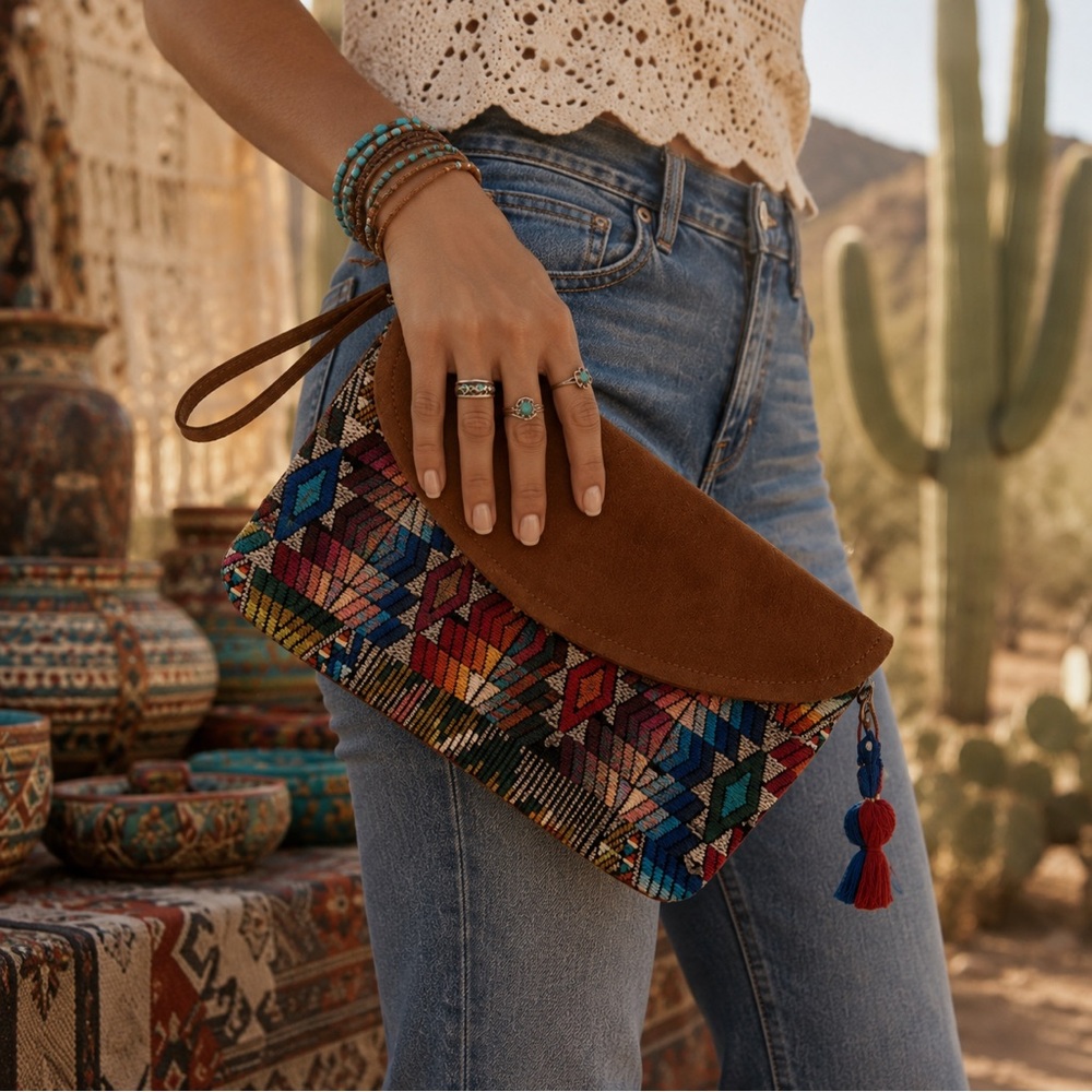 Ruggine Embroidered Beaded Boho Pattern Handmade Clutch Faux Leather Wristle